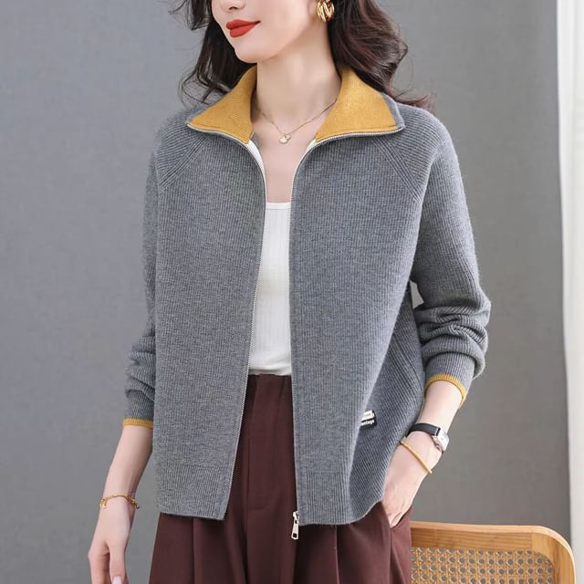 Jeonseon-Zip-Up Plain Cardigan