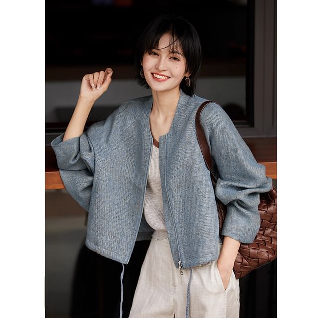 Jeonseon-Zip-Up Plain Crop Jacket