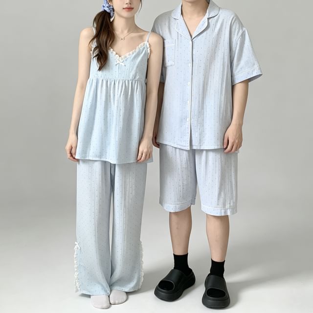 Jeony-Couple Matching Elbow-Sleeve Lapel Collar Micro Dot Button-Up Pajama Top V-Neck Lace Trim Camisole Top Shorts Pants Set Various Designs