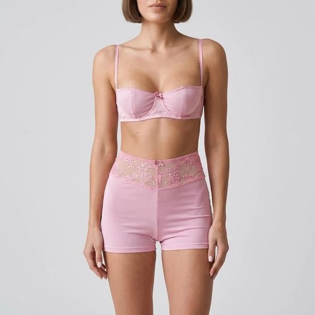 Jeony-Pajama Set Plain Bra Top Lace Panel Shorts