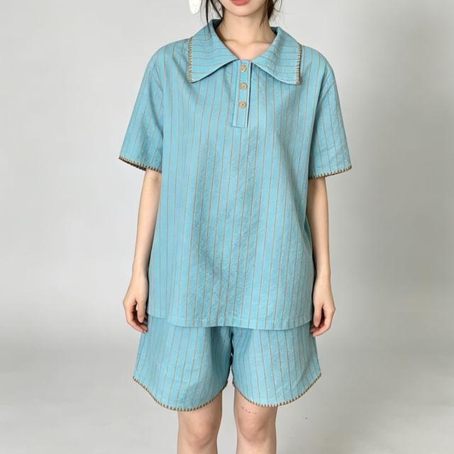 Jeony-Pajama Set Short Sleeve Collared Striped Contrast Stitch Button Top Shorts