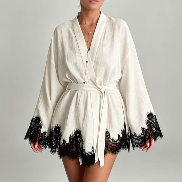 Jeony-V-Neck Panel Lace Tie-Waist Robe