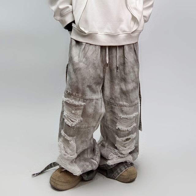 Jerolenea-Drawstring Waist Washed Distressed Belted Baggy Jeans