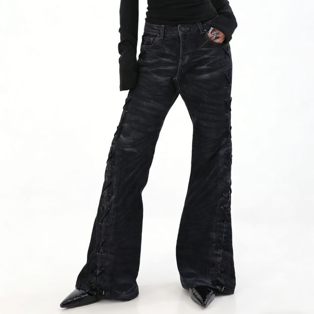 Jerolenea-Low Rise Washed Lace Up Flared Jeans
