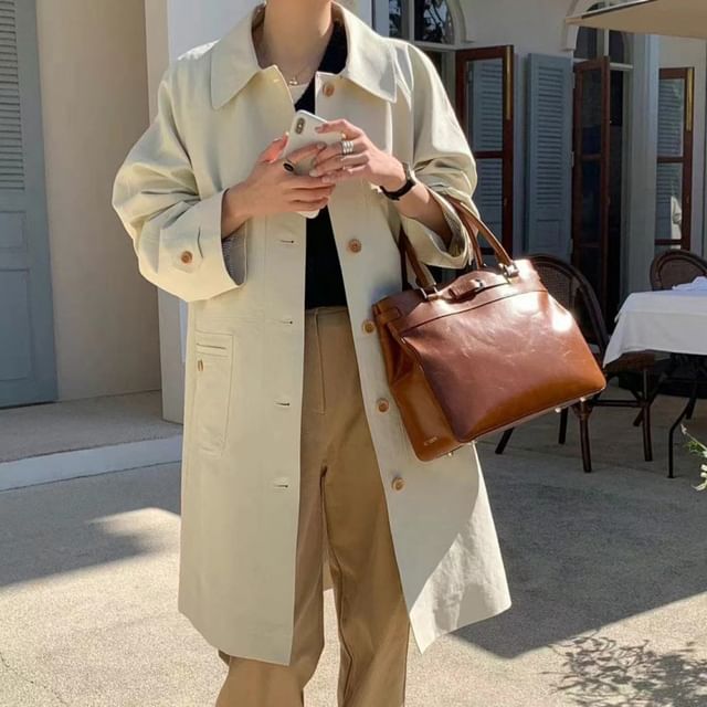 Jesong-Collar Plain Midi Single-Breasted Coat