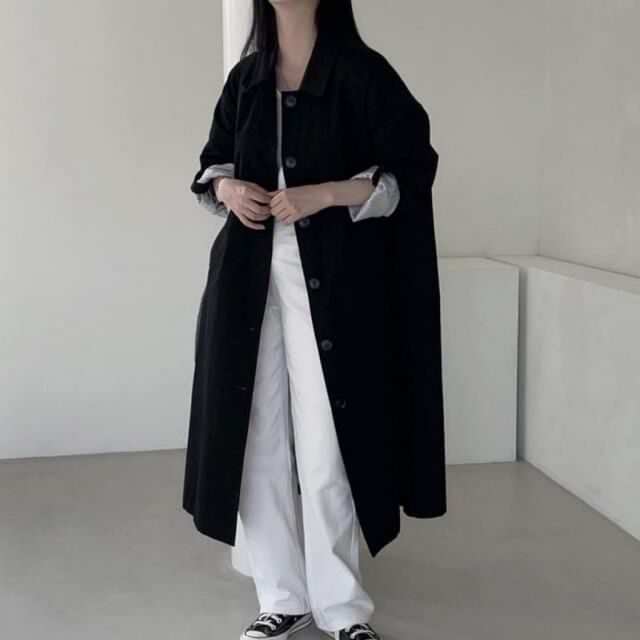 Jesong-Collar Plain Midi Single-Breasted Trench Coat