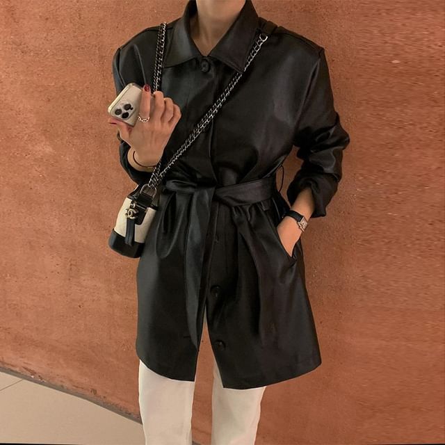 Jesong-Collared Faux Leather Button Up Trench Coat