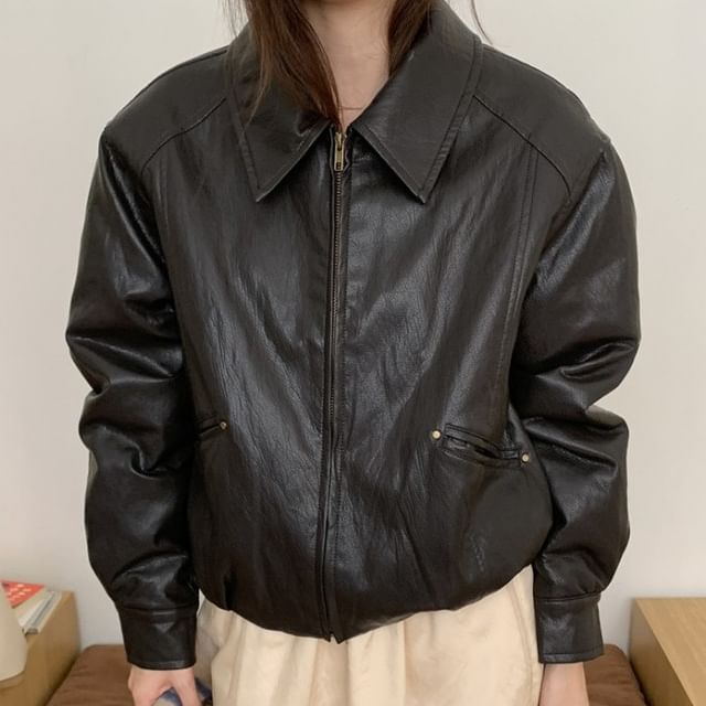 Jesong-Collared Plain Faux Leather Zip Jacket