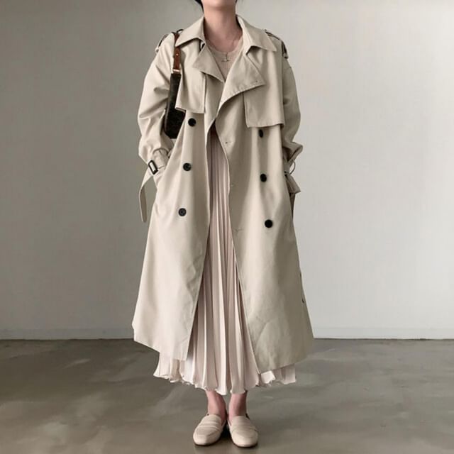 Jesong-Collared Plain Midi Double Breasted Trench Coat