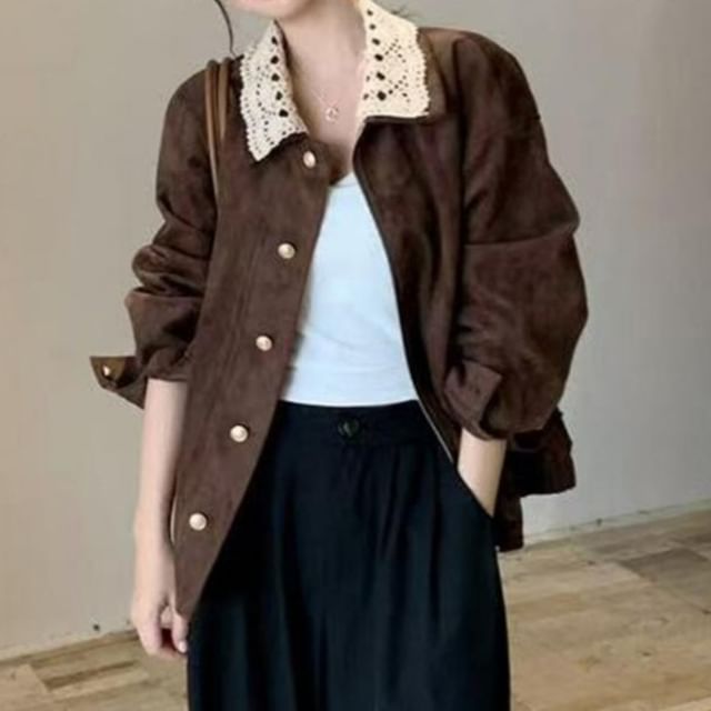 Jesong-Contrast Lace Collar Zip Jacket