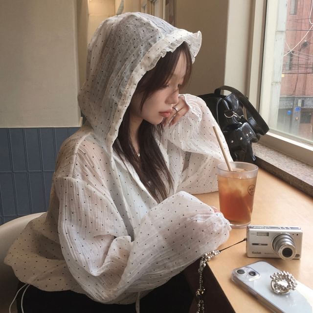 Jesong-Dotted Drawstring Ruffle Trim Hooded Zip Jacket