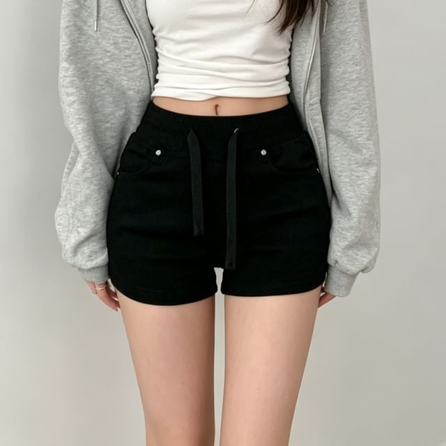 Jesong-Drawstring Waist Plain Denim Hot Pants