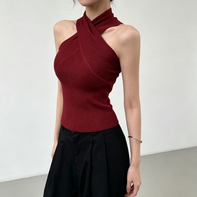 Jesong-Halter Neck Plain Crossed Ribbed Knit Top