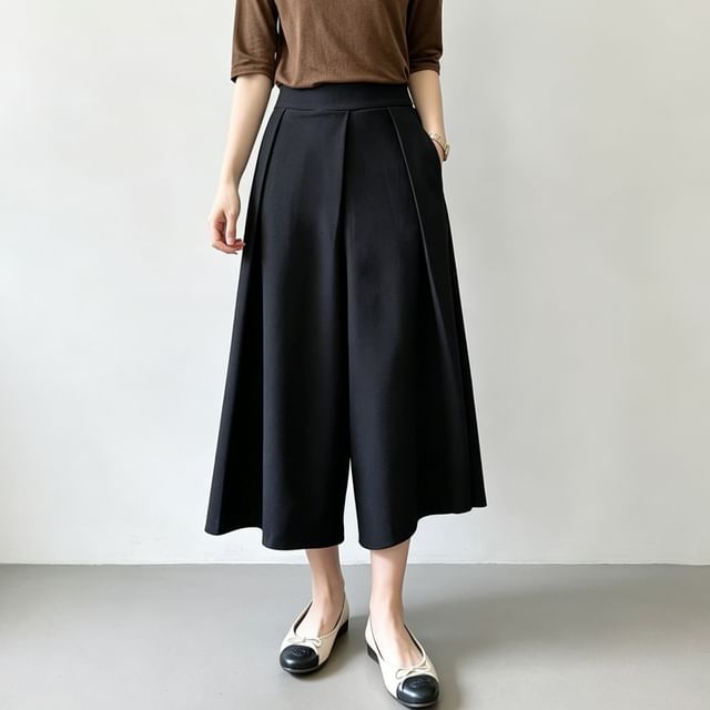Jesong-High Waist Plain Pleated Culottes