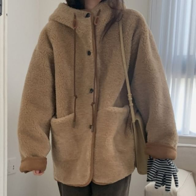 Jesong-Hooded Button-Up Plain Fleece Jacket