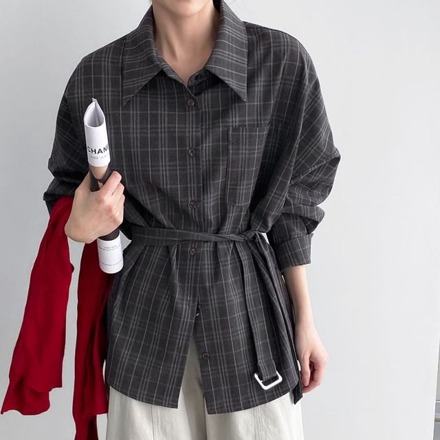 Jesong-Long Sleeve Collared Plaid Belted Shirt