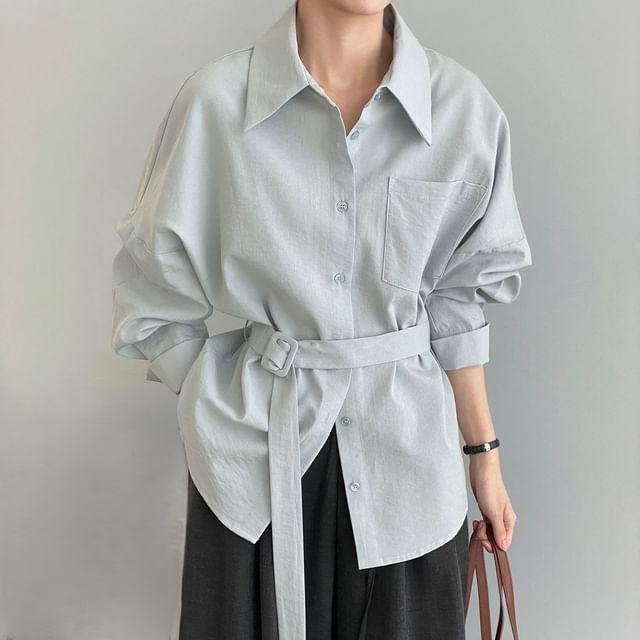 Jesong-Long Sleeve Collared Plain Belted Shirt