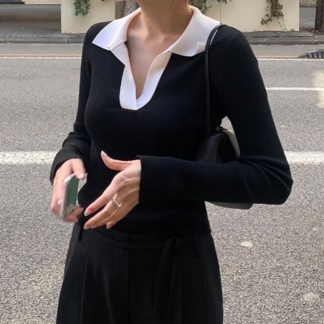 Jesong-Long-Sleeve Collared Plain Knit Polo Top