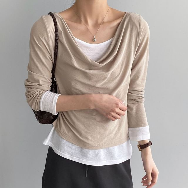 Jesong-Long Sleeve Cowl Neck Mock Two Piece Top