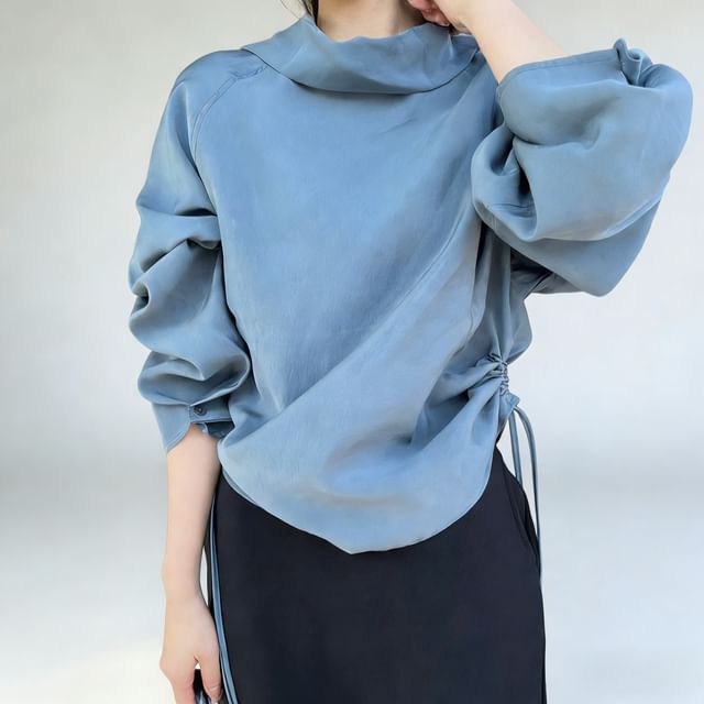 Jesong-Long-Sleeve Cowl Neck Plain Blouse