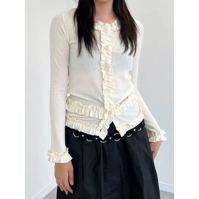 Jesong-Long-Sleeve Frill Trim Button-Up Plain Top