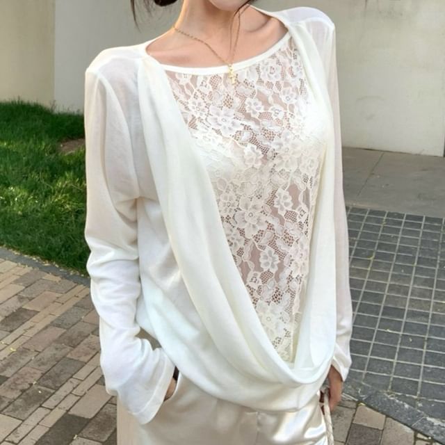 Jesong-Long-Sleeve Off Shoulder Lace Panel Top