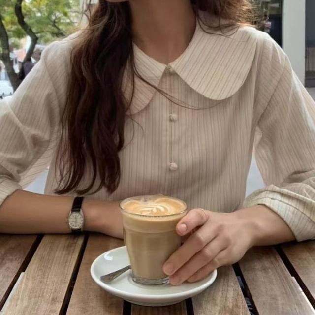 Jesong-Long-Sleeve Peter Pan Collar Button-Up Blouse
