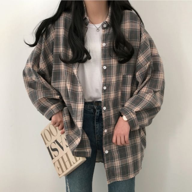 Jesong-Long-Sleeve Plaid Button-Up Oversized Shirt