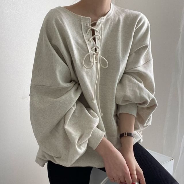 Jesong-Long-Sleeve Round Neck Plain Lace Up Oversized Pullover