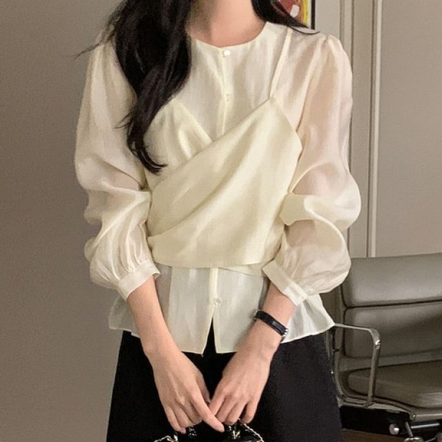 Jesong-Long Sleeve Round Neck Plain Mock Two Piece Blouse