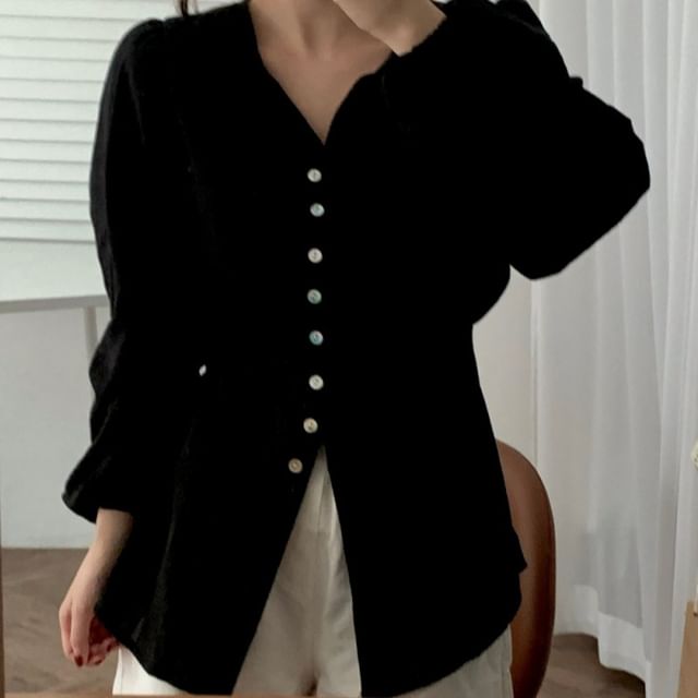 Jesong-Long-Sleeve Tie Neck Plain Button Up Blouse
