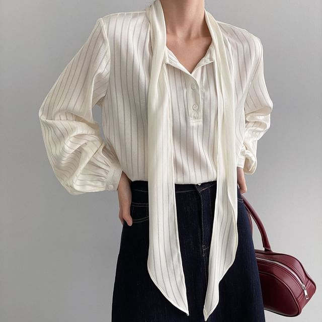 Jesong-Long Sleeve Tie Neck Striped Blouse