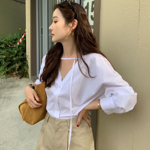 Jesong-Long-Sleeve V-Neck Plain Blouse