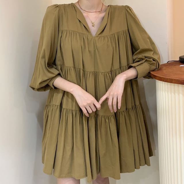 Jesong-Long-Sleeve V-Neck Plain Mini A-Line Dress