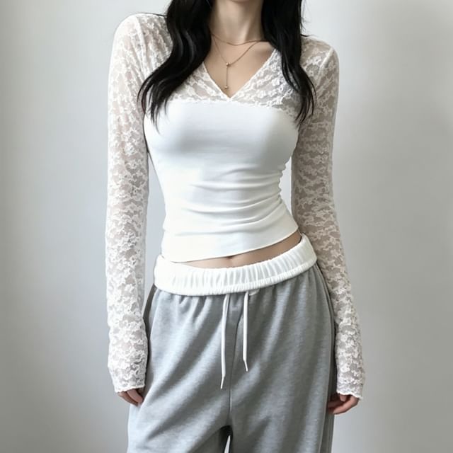 Jesong-Long Sleeve V-Neck Plain Panel Lace Top