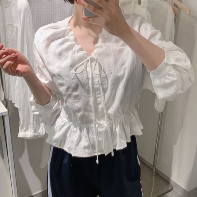 Jesong-Long-Sleeve V-Neck Plain Ruffle Trim Blouse