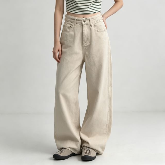Jesong-Low Rise Plain Panel Baggy Pants