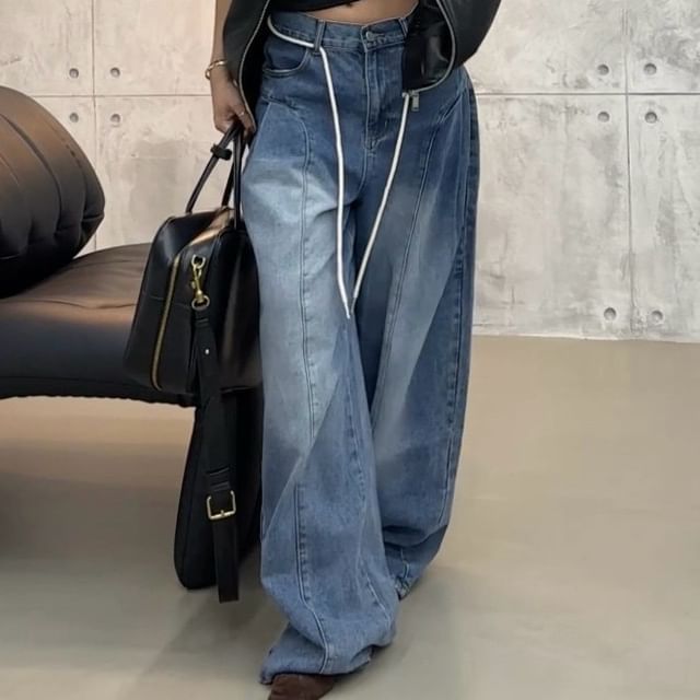 Jesong-Mid Rise Washed Wide Leg Jeans