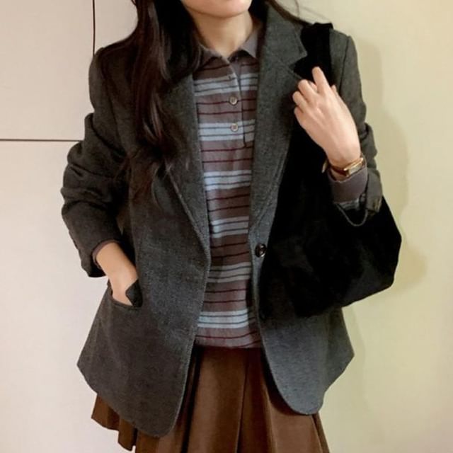 Jesong-Notch Lapel Herringbone Single Breasted Blazer