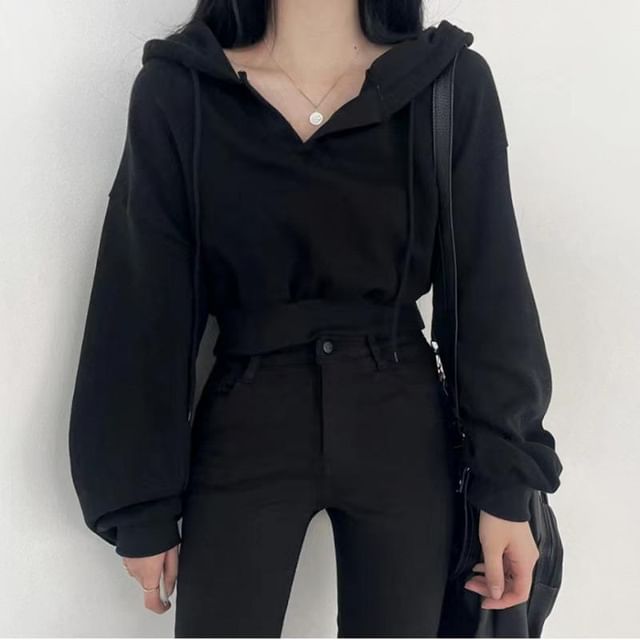 Jesong-Open Placket Plain Drawstring Hoodie