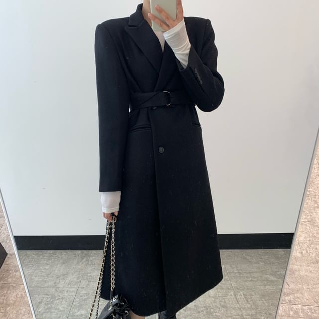 Jesong-Peak Lapel Plain Midi Button Tie-Waist Coat