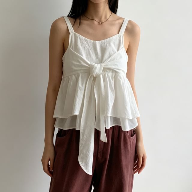 Jesong-Plain Bow Flowy Camisole Top