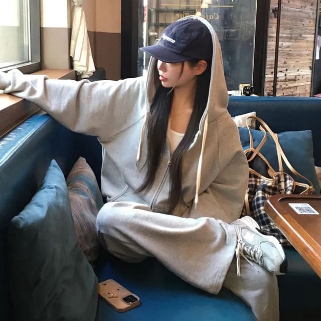 Jesong-Plain Drawstring Zip-Up Hoodie