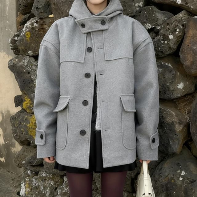 Jesong-Plain Hood Flap Pocket Button Jacket