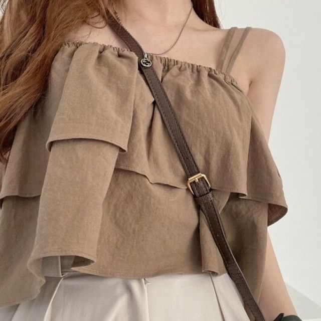 Jesong-Plain Ruffle Flowy Crop Cami Top
