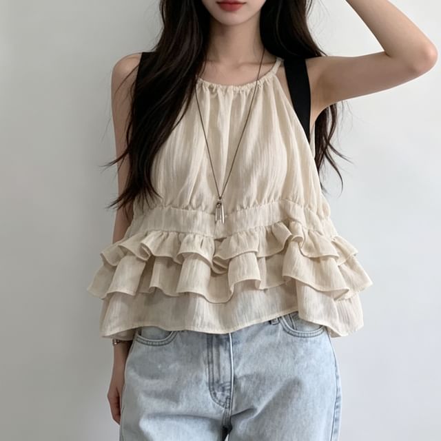 Jesong-Plain Ruffle Tiered Camisole Top