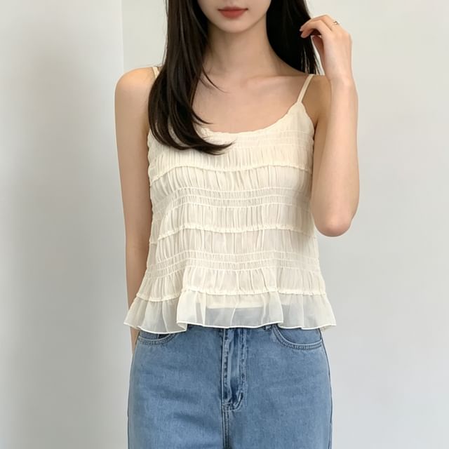 Jesong-Plain Tiered Ruched Mesh Camisole Top