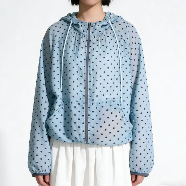 Jesong-Polka Dot Hooded Zip-Up Light Jacket