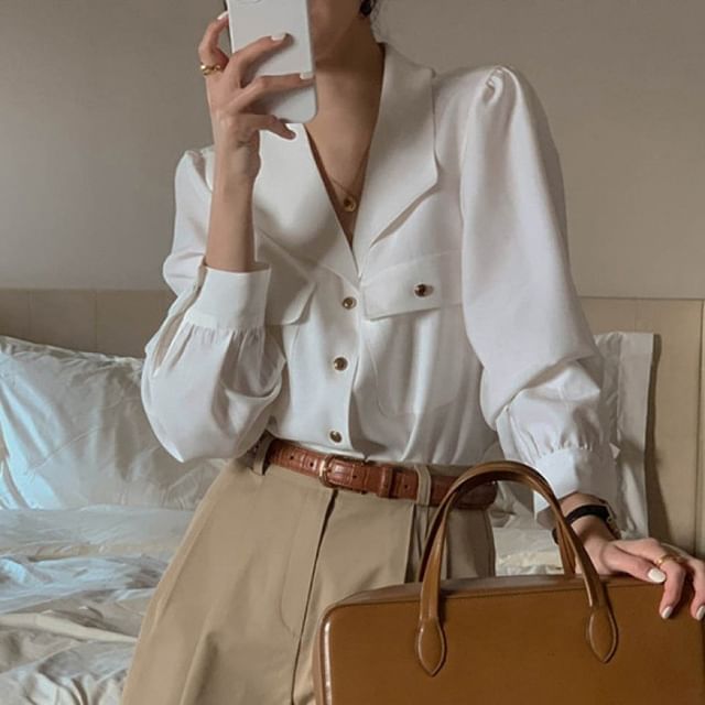 Jesong-Puff-Sleeve Plain Button-Up Blouse