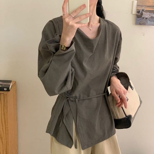 Jesong-Puff-Sleeve Plain Tie-Side Blouse